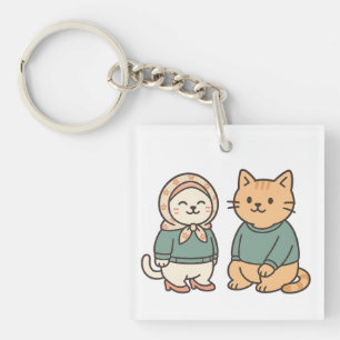 "Adorable Cartoon Cat Couple in Cosy Outfits" Schlüsselanhänger