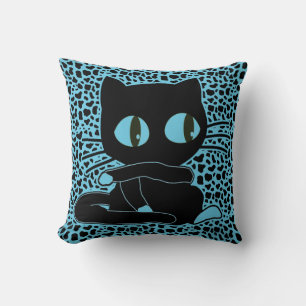 Adorable Cartoon Cat on Animal Print Background Kissen