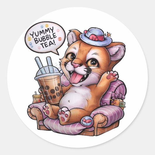Adorable Cartoon Cougar: Gemütlich, Kawaii Vibes Runder Aufkleber (Vorderseite)