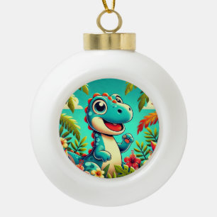 Adorable Cartoon Dinosaurier Amidst Vibrannt Tropi Keramik Kugel-Ornament