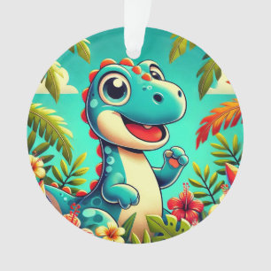 Adorable Cartoon Dinosaurier Amidst Vibrannt Tropi Ornament