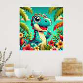 Adorable Cartoon Dinosaurier Amidst Vibrannt Tropi Poster (Küche)