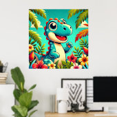 Adorable Cartoon Dinosaurier Amidst Vibrannt Tropi Poster (Heimbüro)