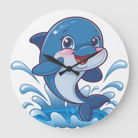 Adorable Cartoon Dolphin Splashing in Joy" Große Wanduhr (Vorderseite)