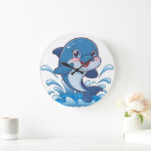 Adorable Cartoon Dolphin Splashing in Joy" Große Wanduhr (Zuhause)