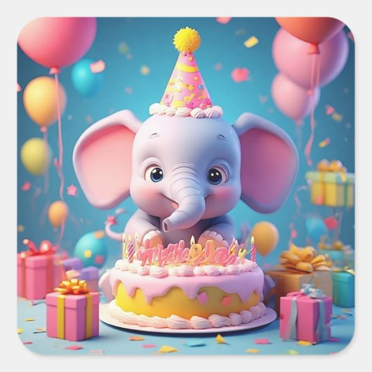 Adorable Cartoon Elephant feiert Geburtstag Quadratischer Aufkleber (Vorderseite)