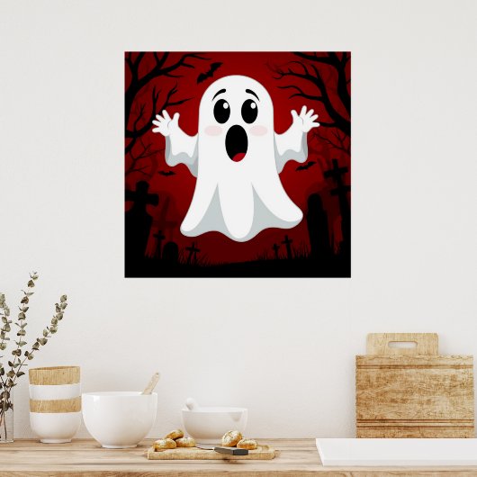Adorable Cartoon Ghost in Spooky Halloween Poster (Küche)