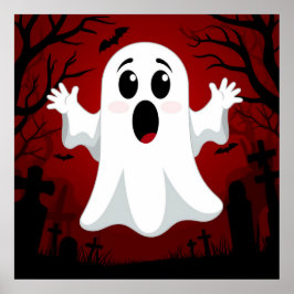 Adorable Cartoon Ghost in Spooky Halloween Poster