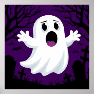 Adorable Cartoon Ghost in Spooky Halloween Poster