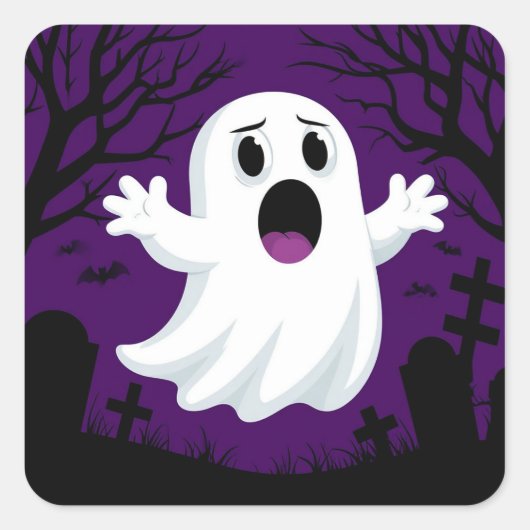 Adorable Cartoon Ghost in Spooky Halloween Quadratischer Aufkleber (Vorderseite)