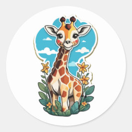 Adorable Cartoon Giraffe mit tropischen Blume Runder Aufkleber