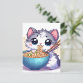 Adorable Cartoon Kitten Eating Ramen Noodles Postkarte (Stehend Vorderseite)