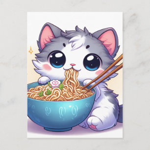Adorable Cartoon Kitten Eating Ramen Noodles Postkarte
