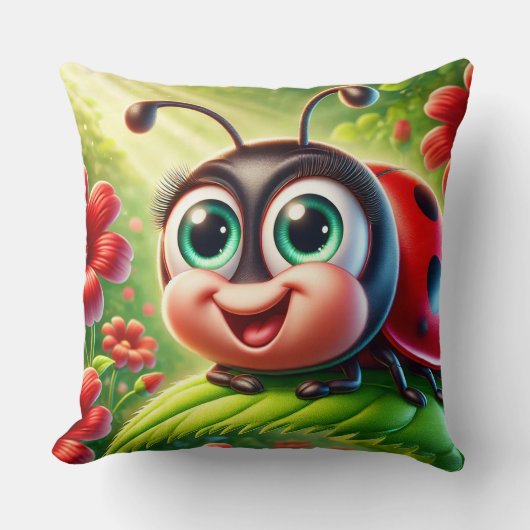 Adorable Cartoon Ladybug im lebhaften Garten Kissen (Vorderseite)