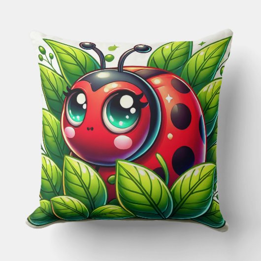 Adorable Cartoon Ladybug Umgeben von Blätter Kissen (Vorderseite)