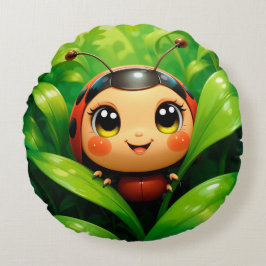 Adorable Cartoon Ladybug Umgeben von Blätter Rundes Kissen