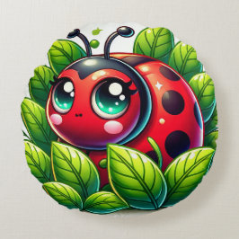 Adorable Cartoon Ladybug Umgeben von Blätter Rundes Kissen