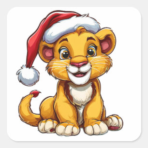 Adorable Cartoon Lion Cub Tragen einer Weihnachtsm Quadratischer Aufkleber