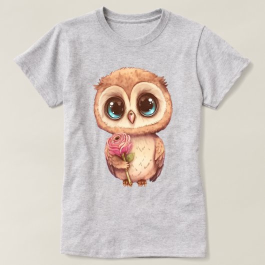 Adorable Cartoon Owl Holding Rosa Rose T-Shirt (Design vorne)