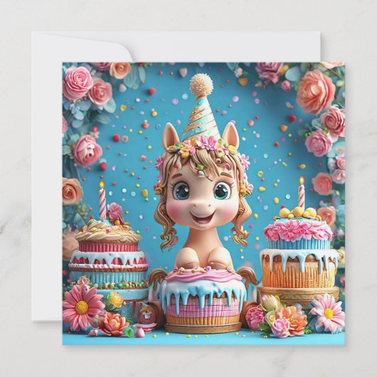 Adorable Cartoon Pony feiert Geburtstag Einladung (Vorderseite)