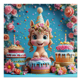 Adorable Cartoon Pony feiert Geburtstag Poster