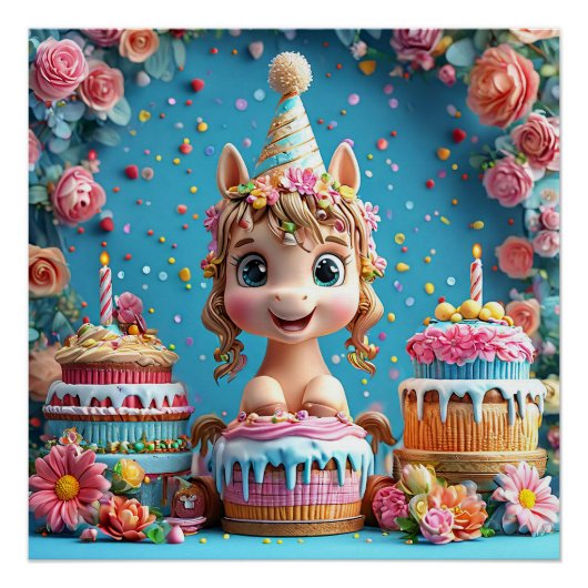 Adorable Cartoon Pony feiert Geburtstag Poster (Vorderseite)