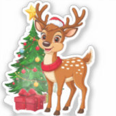 Adorable Cartoon Rentier in Weihnachtsmannmütze Aufkleber (Vorderseite)