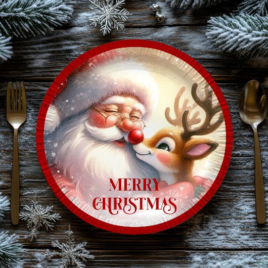 Adorable Cartoon Santa Rudolph Christmas Plates Pappteller