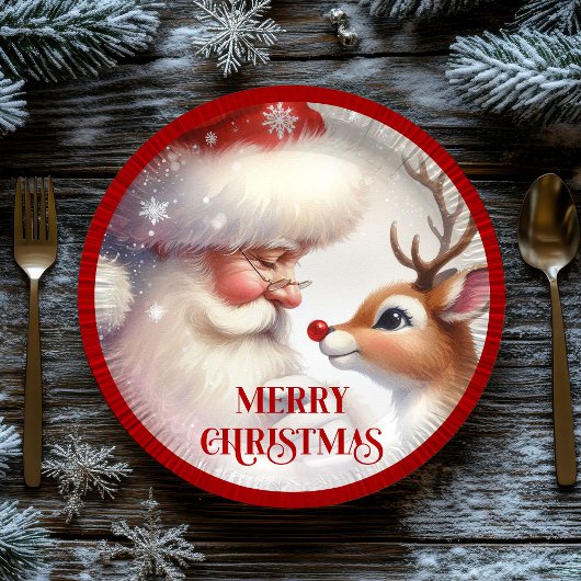 Adorable Cartoon Santa Rudolph Christmas Plates Pappteller