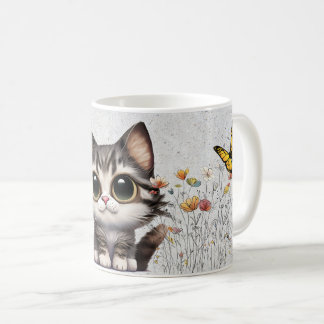 Adorable Cartoon Tabby Katze, Blume & Schmetterlin Kaffeetasse