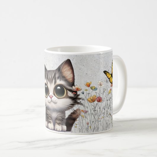 Adorable Cartoon Tabby Katze, Blume & Schmetterlin Kaffeetasse (VorderseiteRechts)