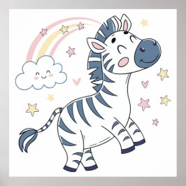 Adorable Cartoon Zebra mit Regenbogen und Sternen  Poster