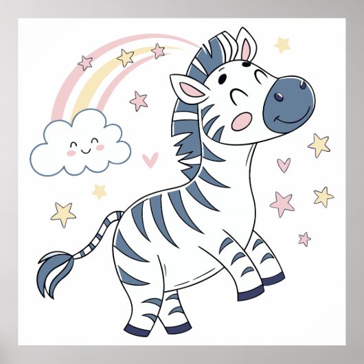 Adorable Cartoon Zebra mit Regenbogen und Sternen  Poster (Vorne)