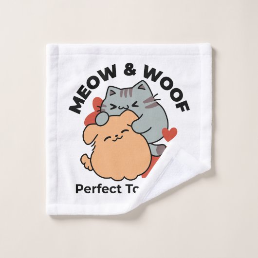 Adorable Cat and Dog Hug - Meow & Woof Design Badhandtuch Set (Waschlappen)