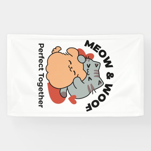 Adorable Cat and Dog Hug - Meow & Woof Design Banner (Horizontal)
