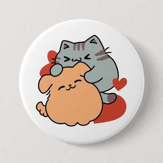 Adorable Cat and Dog Hug - Meow & Woof Design Button (Vorderseite)