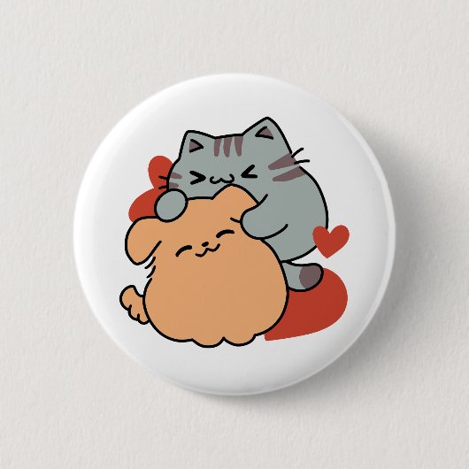 Adorable Cat and Dog Hug - Meow & Woof Design Button (Vorderseite)