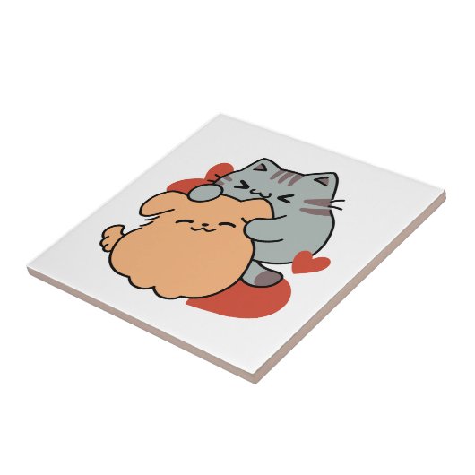 Adorable Cat and Dog Hug - Meow & Woof Design Fliese (Seite)
