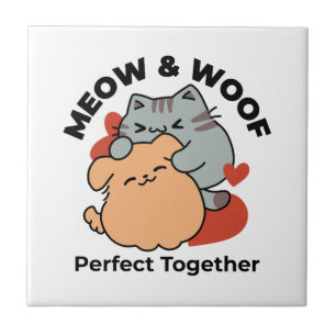 Adorable Cat and Dog Hug - Meow & Woof Design Fliese