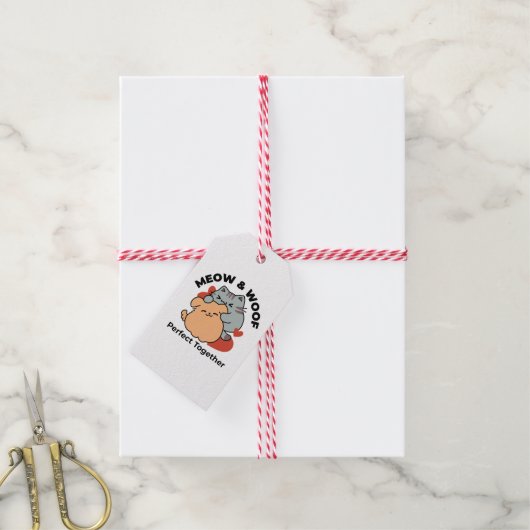 Adorable Cat and Dog Hug - Meow & Woof Design Geschenkanhänger (Mit Garn)