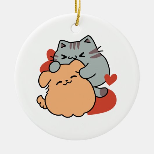 Adorable Cat and Dog Hug - Meow & Woof Design Keramik Ornament (Vorne)