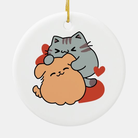 Adorable Cat and Dog Hug - Meow & Woof Design Keramik Ornament (Hinten)