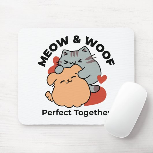 Adorable Cat and Dog Hug - Meow & Woof Design Mousepad (Mit Mouse)