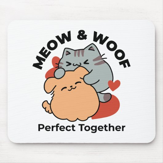 Adorable Cat and Dog Hug - Meow & Woof Design Mousepad (Vorne)