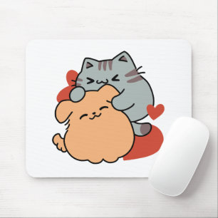 Adorable Cat and Dog Hug - Meow & Woof Design Mousepad