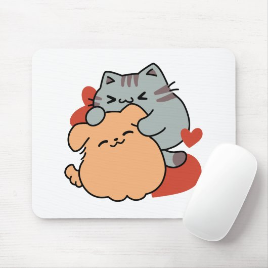 Adorable Cat and Dog Hug - Meow & Woof Design Mousepad (Mit Mouse)