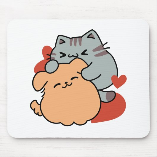 Adorable Cat and Dog Hug - Meow & Woof Design Mousepad (Vorne)
