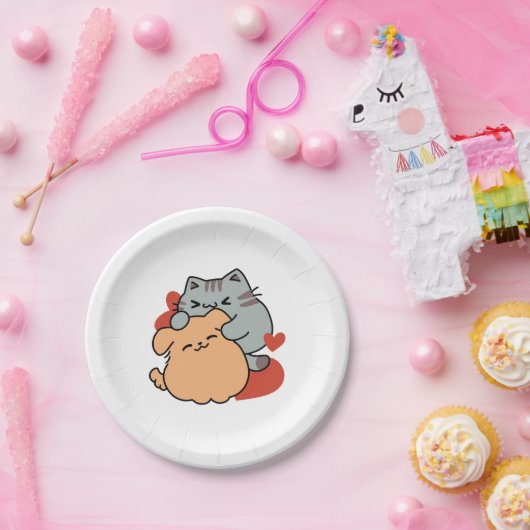 Adorable Cat and Dog Hug - Meow & Woof Design Pappteller (Party)