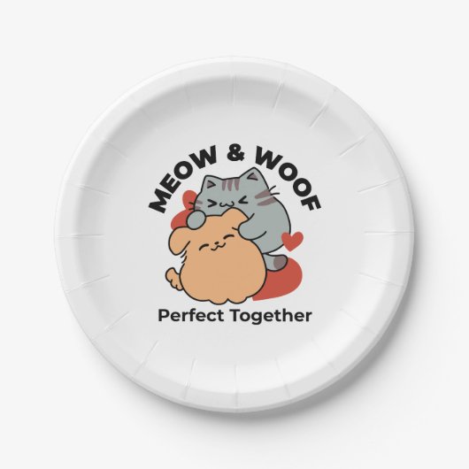 Adorable Cat and Dog Hug - Meow & Woof Design Pappteller (Vorderseite)