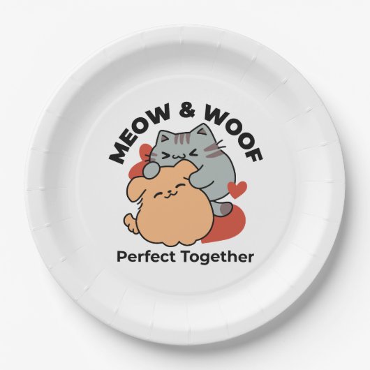 Adorable Cat and Dog Hug - Meow & Woof Design Pappteller (Vorderseite)